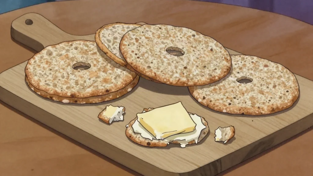 Crispbread, cracker-crisp rye rounds buttered at every meal, Sweden bread & pastry, anime style