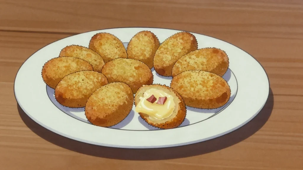 Croquetas, creamy béchamel croquettes with ham or salt cod, Spain snack, anime style