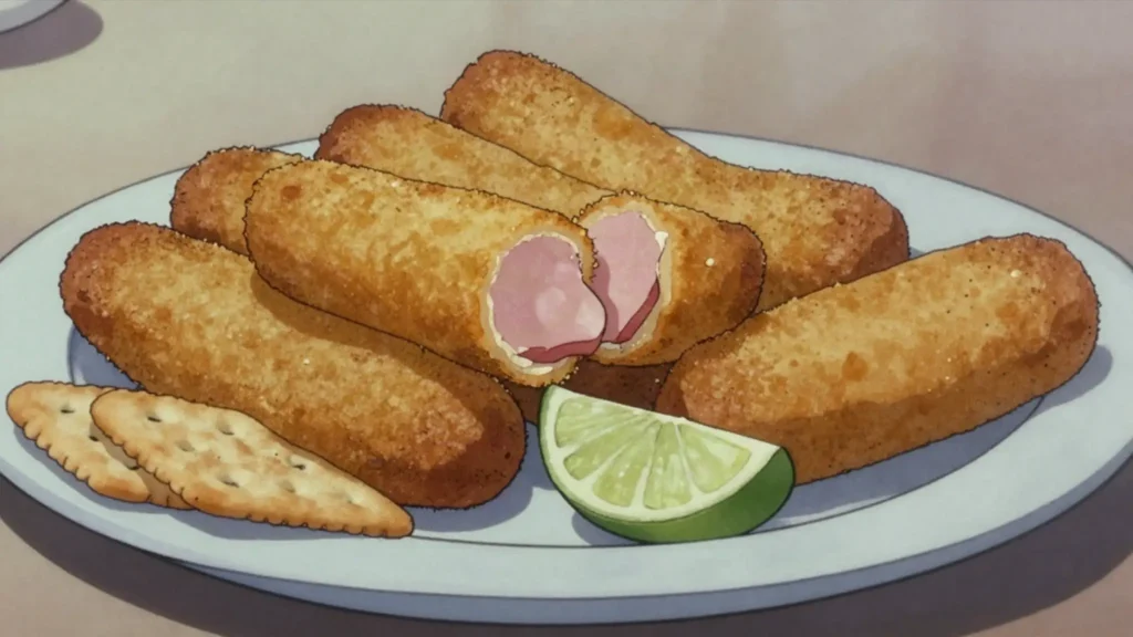 Croquetas de jamón, creamy ham croquettes fried crisp, Cuba snack, anime style