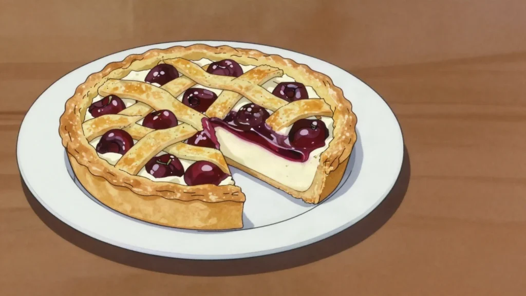 Crostata di ricotta e visciole, sealed pastry tart of sheep ricotta layered with sour, Vatican City dessert, anime style