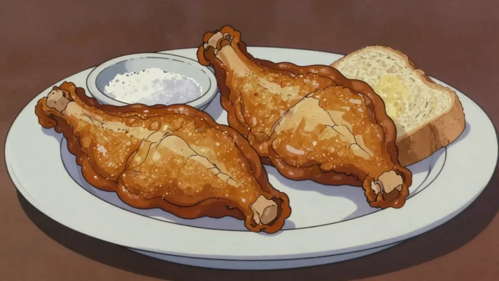 Crubeens, boiled then fried pigs' trotters eaten with the fingers, Ireland street food, anime style
