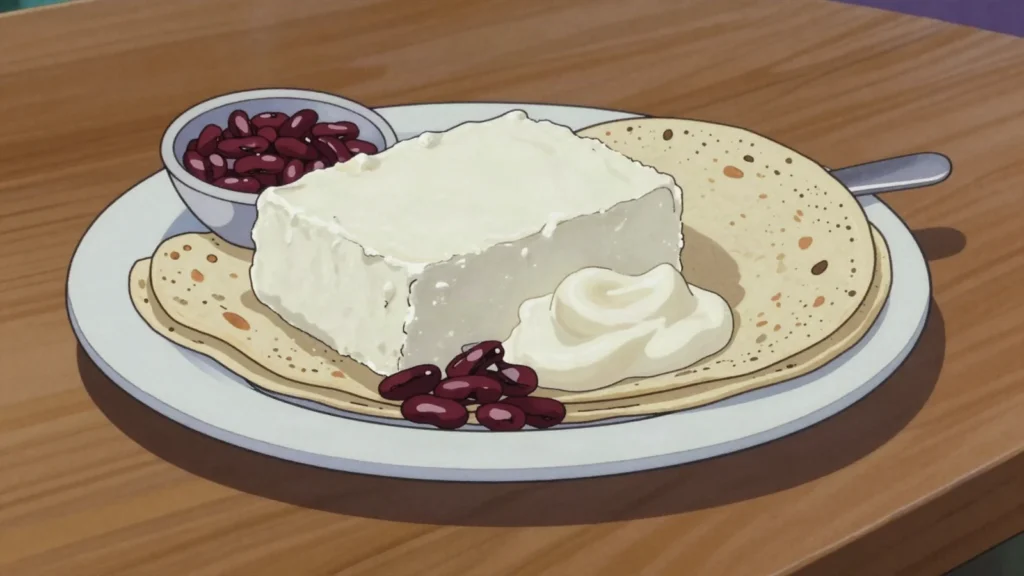Cuajada, fresh soft curd cheese eaten with hot tortillas and beans, Honduras cheese & dairy, anime style