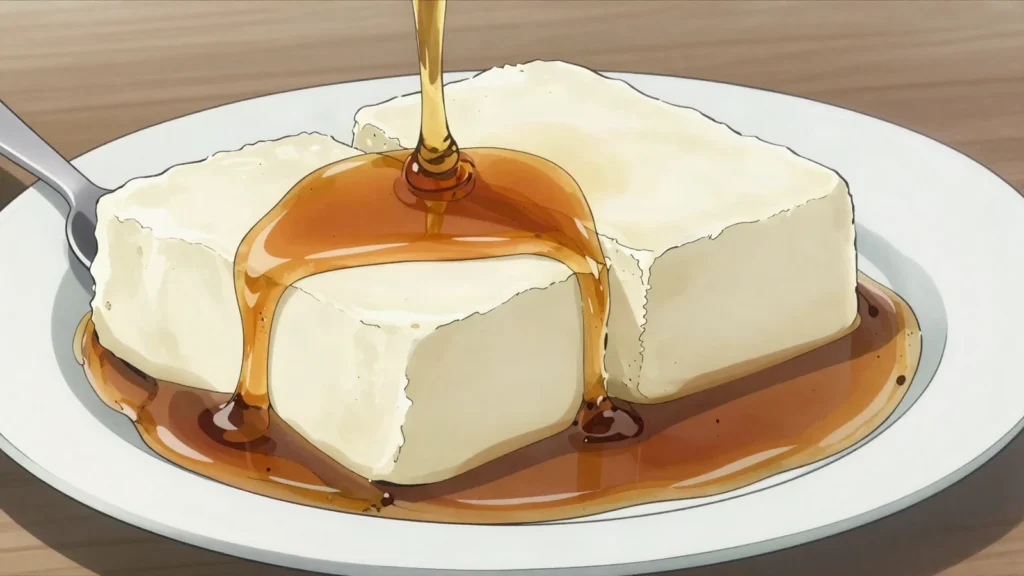 Cuajada con melao, fresh curd cheese under warm panela syrup, eaten with a spoon, Colombia dessert, anime style