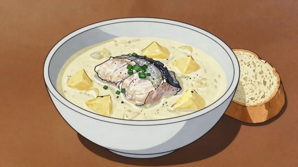 Cullen skink, scottish smoked haddock, potato, and onion soup, United Kingdom soup & stew, anime style