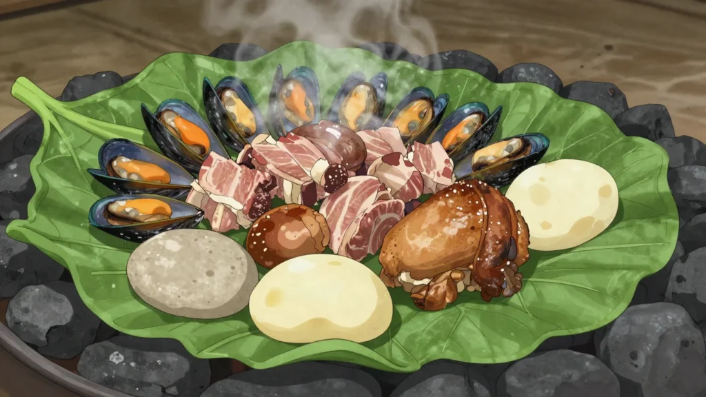 Curanto, chiloé pit-cooked shellfish, meats and potato breads over hot stones, Chile main, anime style
