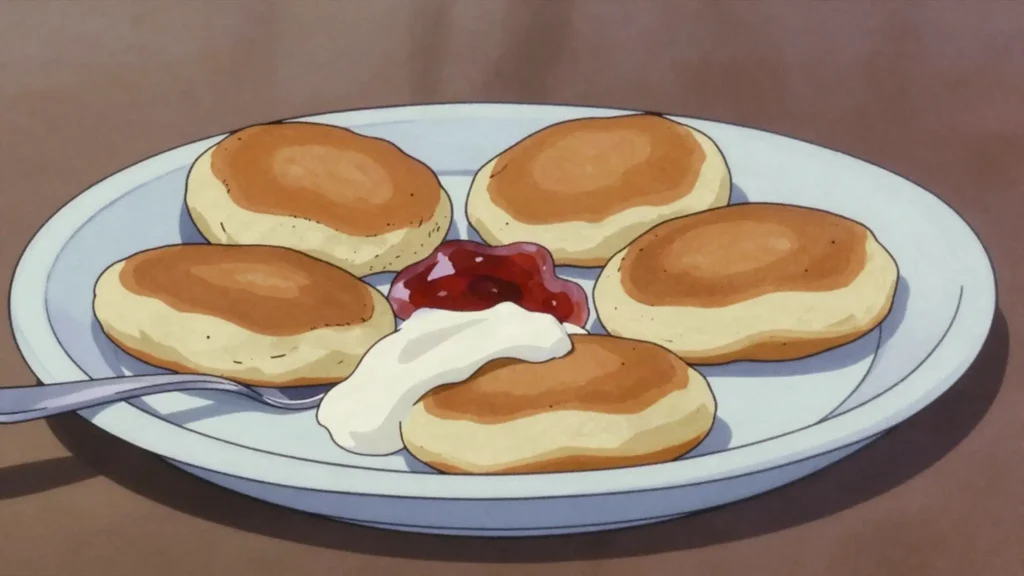 Curd pancakes, fried quark patties with jam and sour cream, Latvia breakfast, anime style
