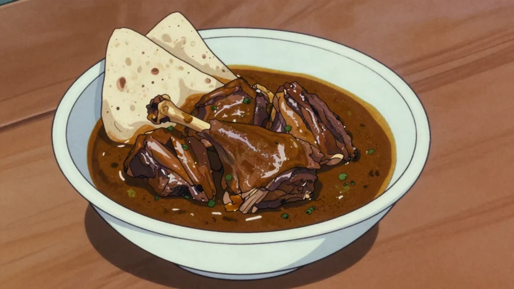 Curry duck, duck curried with green seasoning, river-lime favorite, Trinidad and Tobago main, anime style
