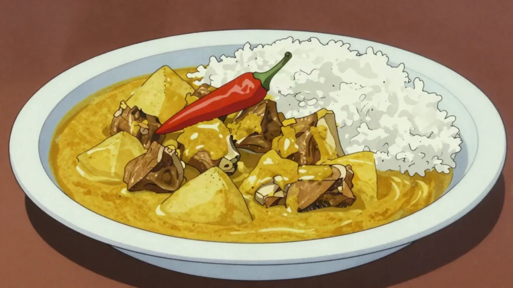 Curry goat, goat slow-cooked in Jamaican curry, party staple, Jamaica main, anime style