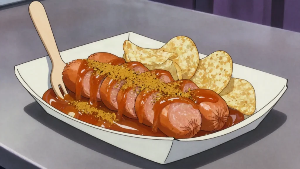 Currywurst, sliced fried sausage under curry ketchup; Berlin snack-stand icon, Germany street food, anime style