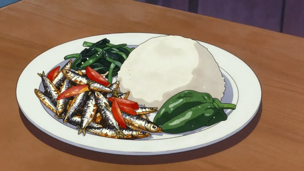 Dagaa, sun-dried lake sardines fried with onion, tomato and chili, Tanzania main, anime style