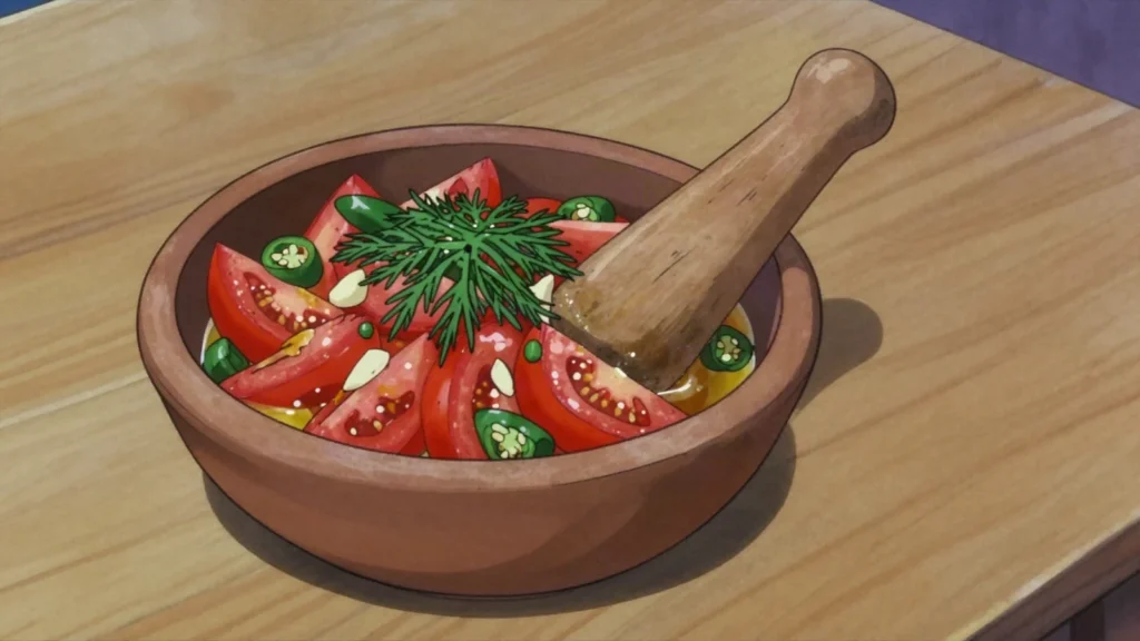 Dagga, crushed tomato, chilli, dill and garlic salad pounded in a clay bowl, Palestine salad & side, anime style