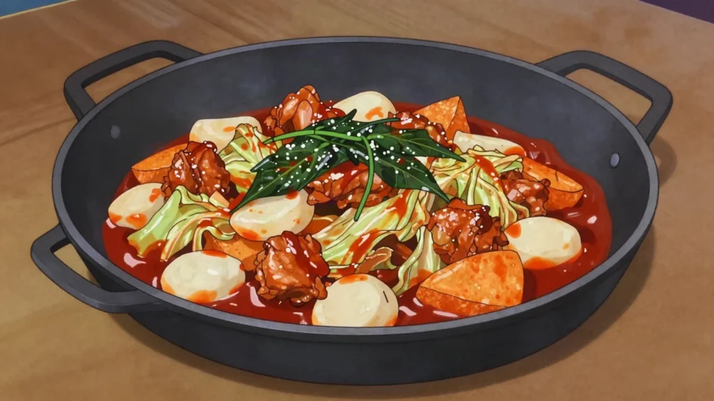 Dakgalbi, chuncheon stir-fry of chicken, cabbage and rice cakes in gochujang, South Korea main, anime style