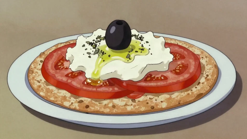 Dakos, barley rusk softened with tomato, topped with mizithra and oregano, Greece salad & side, anime style
