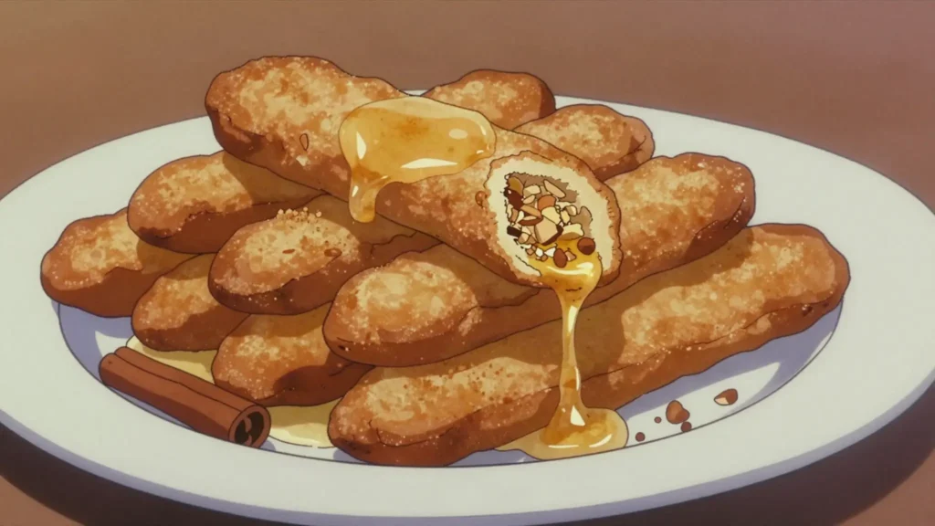 Daktyla, finger-shaped pastries filled with almond and cinnamon, fried and syruped, Cyprus dessert, anime style