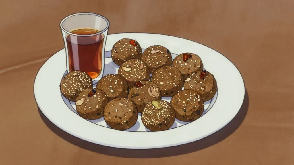 Dakuwa, balls of roasted peanut, millet and ginger, pressed hard and chewy, Niger snack, anime style