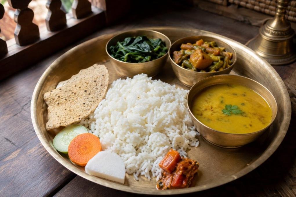 Dal Bhat, twice-daily platter of rice, lentil soup, curries and pickles, Nepal main