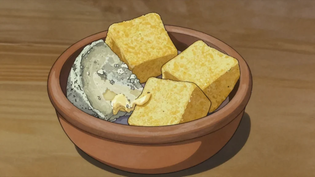 Dambalkhacho, mould-ripened mountain curd cheese, pungent and crumbly, melted into, Georgia cheese & dairy, anime style