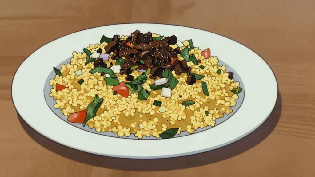 Dambou, steamed millet couscous tossed with moringa leaves and oil, Niger main, anime style