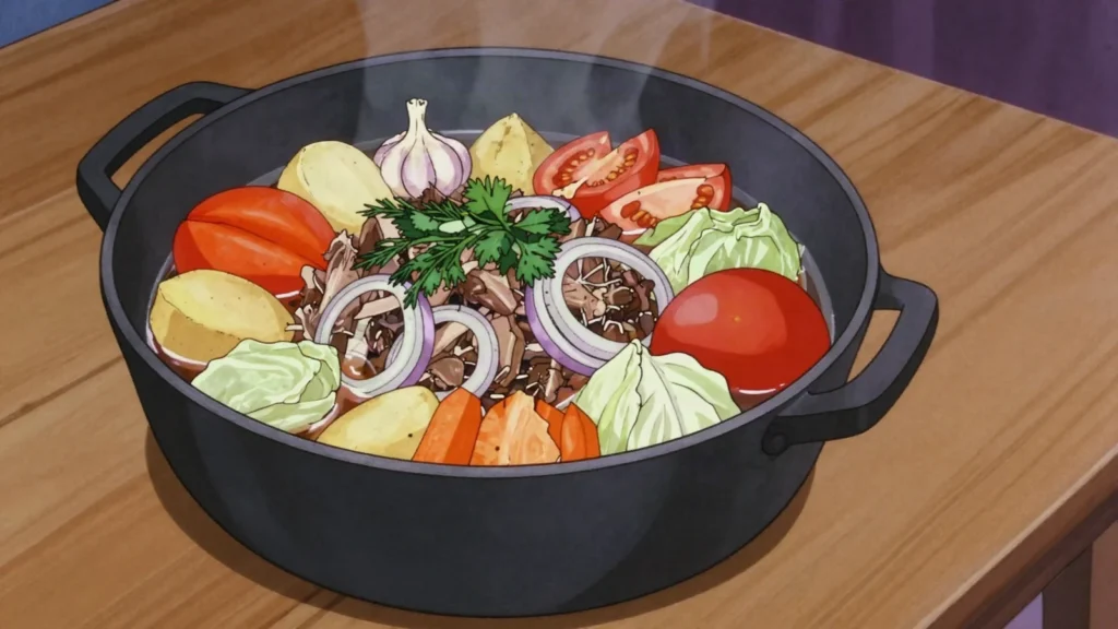 Damlama, layered meat and vegetables steamed in their own juices, Tajikistan main, anime style