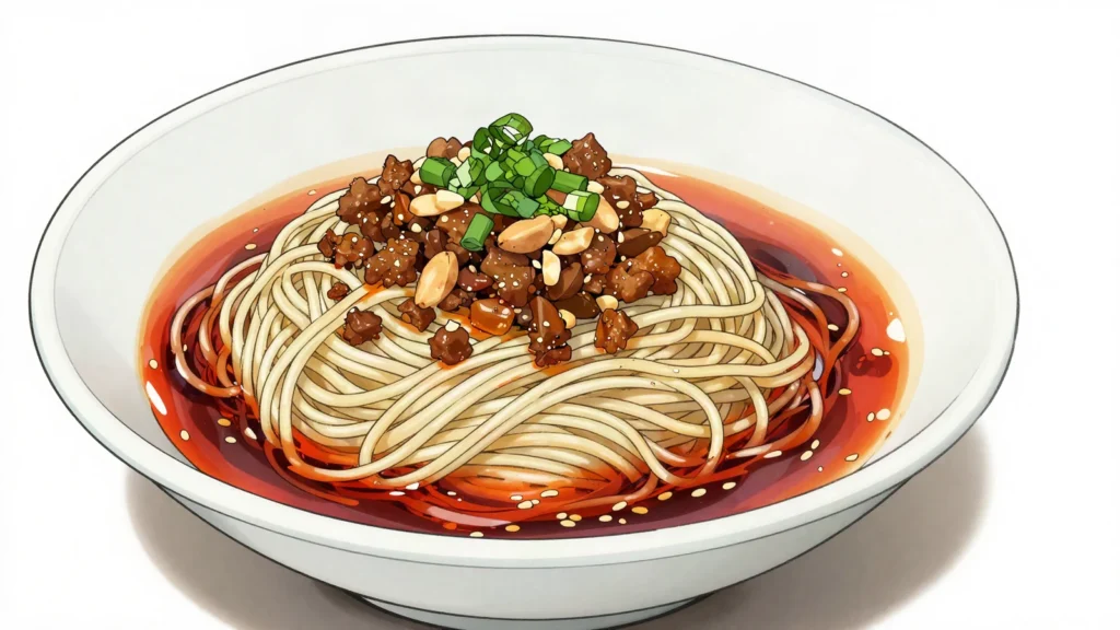 Dan Dan Noodles, sichuan noodles in chili-sesame sauce with minced pork and preserved, China street food, anime style