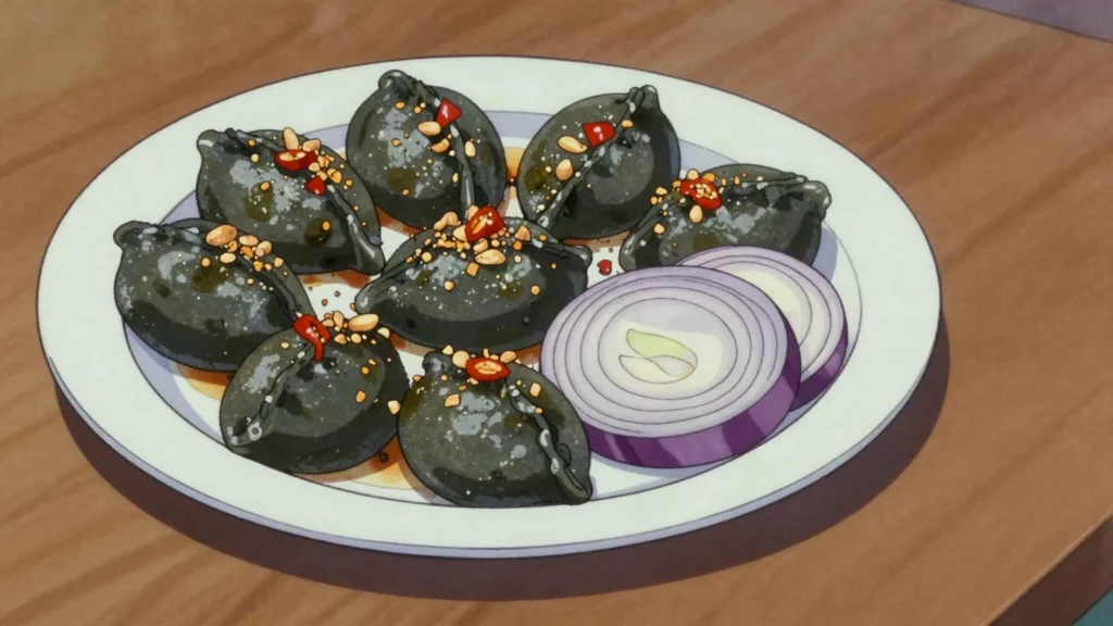 Dan wake, bean-flour dumplings tossed in oil, ground peanut and chili, Niger main, anime style