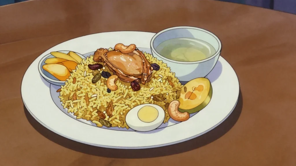 Danbauk, burmese biryani of chicken and rice, festive favourite, Myanmar main, anime style