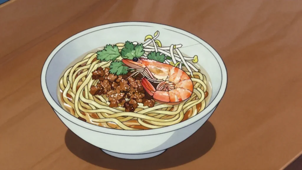 Danzai Noodles, tainan shrimp-broth noodles topped with minced pork and a single shrimp, Taiwan soup & stew, anime style
