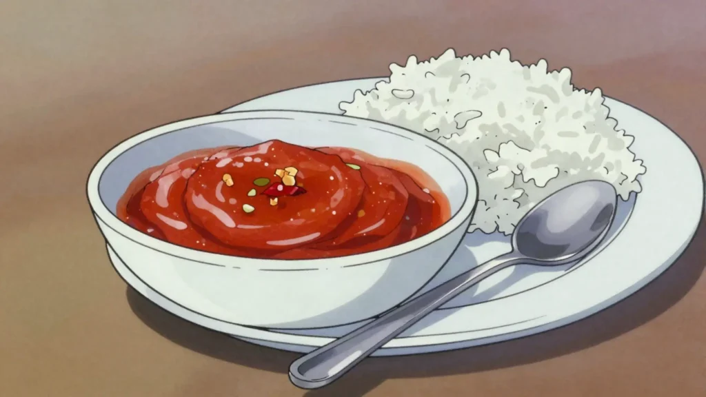 Daqqus, cooked tomato and garlic sauce, hot with chilli, spooned over rice, Kuwait sauce & condiment, anime style
