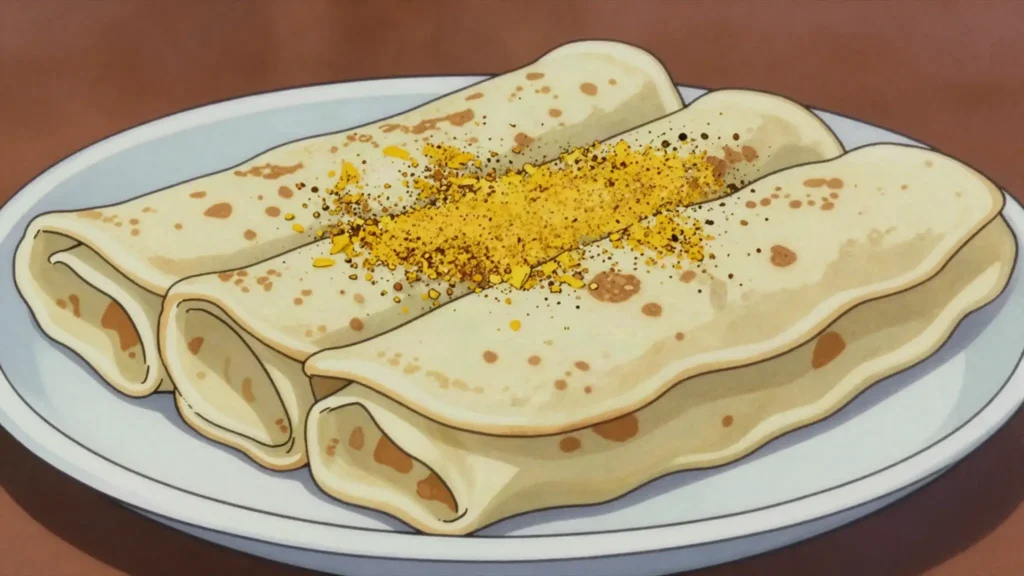Darabeel, rolled crepes with cardamom and saffron sugar, Kuwait dessert, anime style
