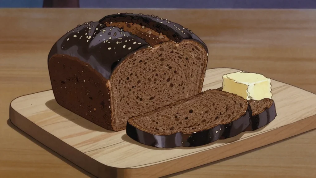 Dark rye bread, heavy sour dark rye, the sacred everyday loaf, Lithuania bread & pastry, anime style