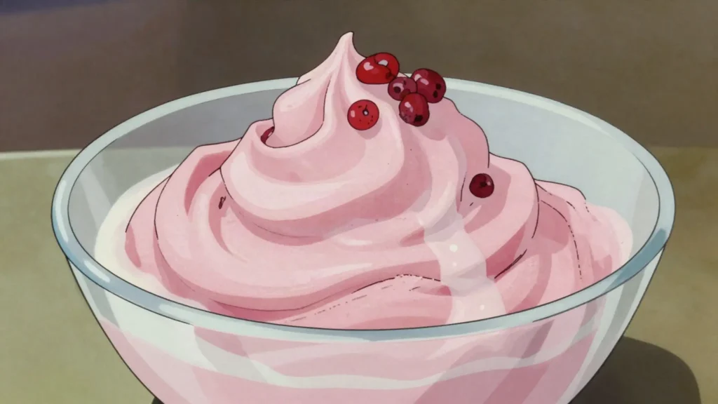 Debessmanna, cranberry semolina whipped until pale and airy, served with milk, Latvia dessert, anime style