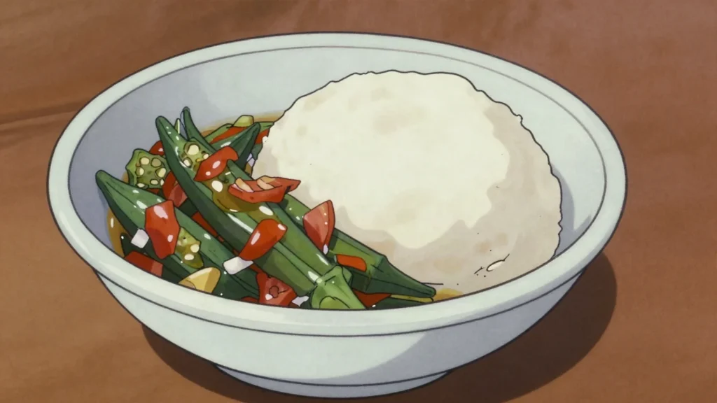 Delele, slippery okra relish cooked with traditional soda ash, Zambia salad & side, anime style