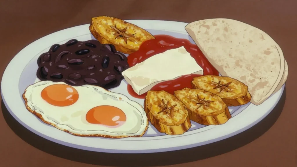 Desayuno chapín, eggs, black beans, fried plantains, cheese, and tortillas, Guatemala breakfast, anime style