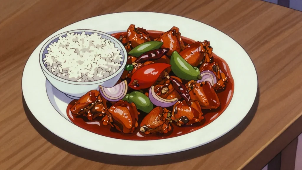 Devilled Chicken, chicken stir-fried with onion, capsicum and chilli in a sticky dark sauce, Sri Lanka main, anime style