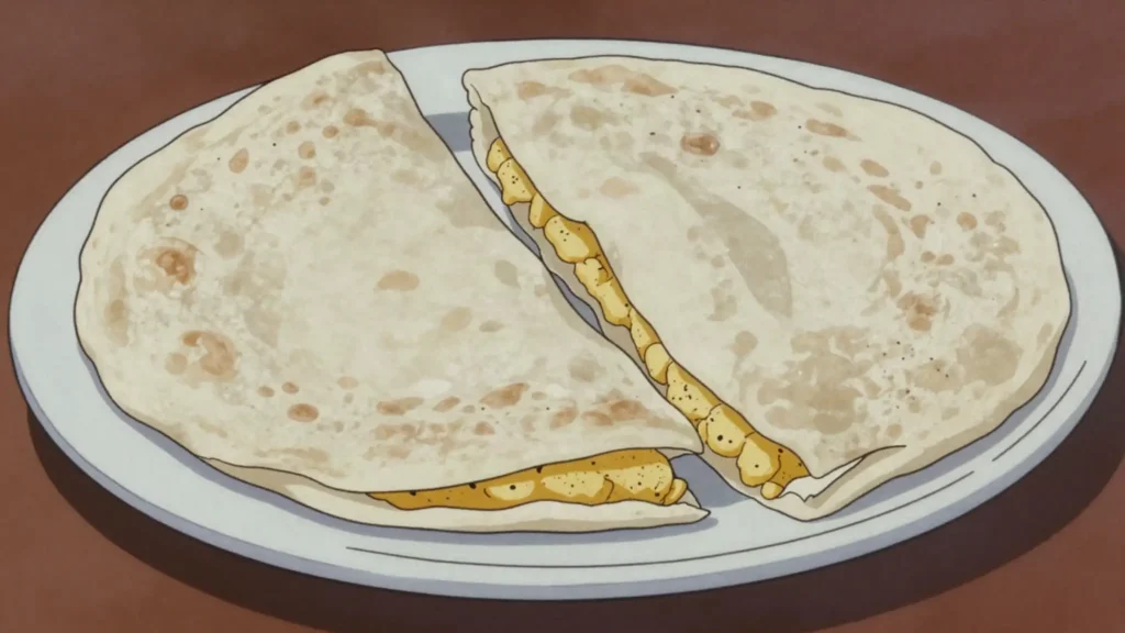 Dhal puri, split-pea-stuffed flatbread wrapped around curries, Guyana bread & pastry, anime style