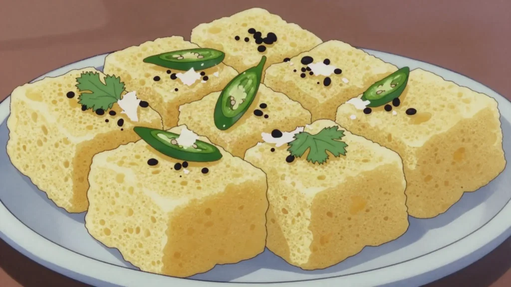 Dhokla, steamed fermented gram-flour sponge tempered with mustard seeds; Gujarati, India snack, anime style