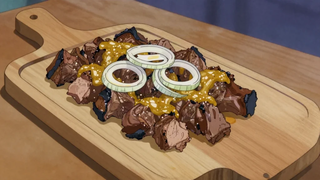 Dibi, seasoned mutton grilled over coals with onions and mustard, wrapped in paper, Senegal street food, anime style