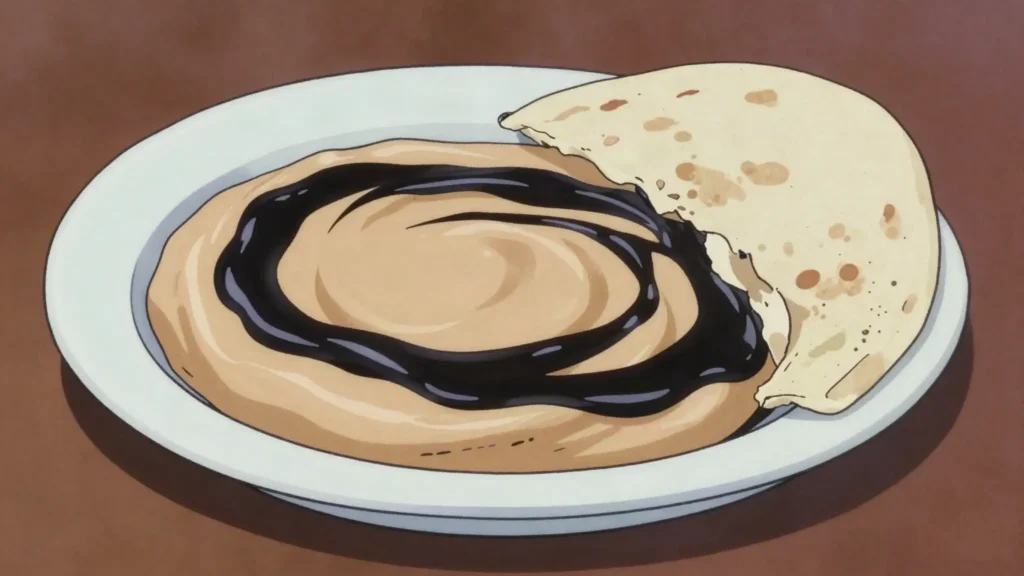 Dibis, dark date syrup, stirred into tahini or drizzled over bread, Iraq sauce & condiment, anime style