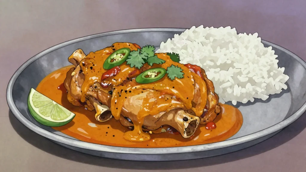 Digaag qumbe, chicken braised in coconut milk with xawaash spice, eaten with rice, Djibouti main, anime style