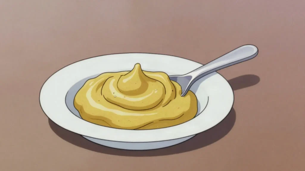 Dijon mustard, smooth sharp mustard used in vinaigrettes, sauces and on cold meats, France sauce & condiment, anime style