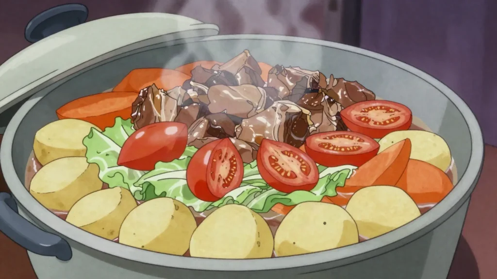 Dimlama, meat and vegetables steamed under a sealed lid, Kyrgyzstan main, anime style