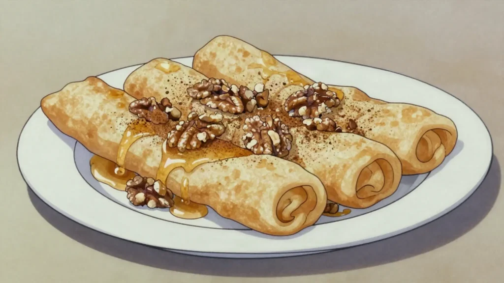Diples, thin dough ribbons fried, folded and drenched in honey and walnuts, Greece dessert, anime style