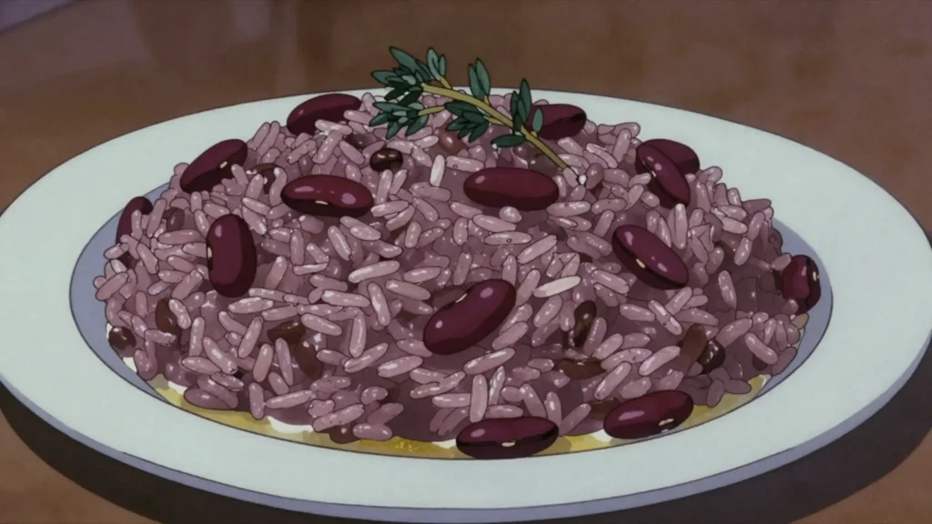 Diri kole ak pwa, rice cooked together with red kidney beans, thyme and cloves, Haiti salad & side, anime style