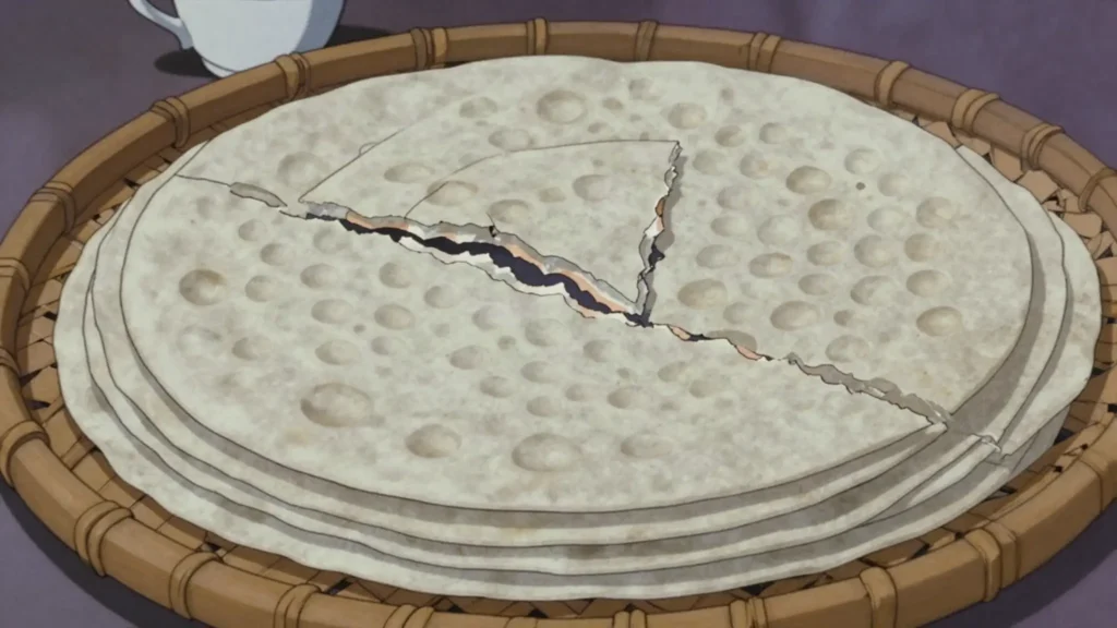 Dirkosh, injera dried to brittle sheets, nibbled dry or crumbled into stew, Ethiopia snack, anime style