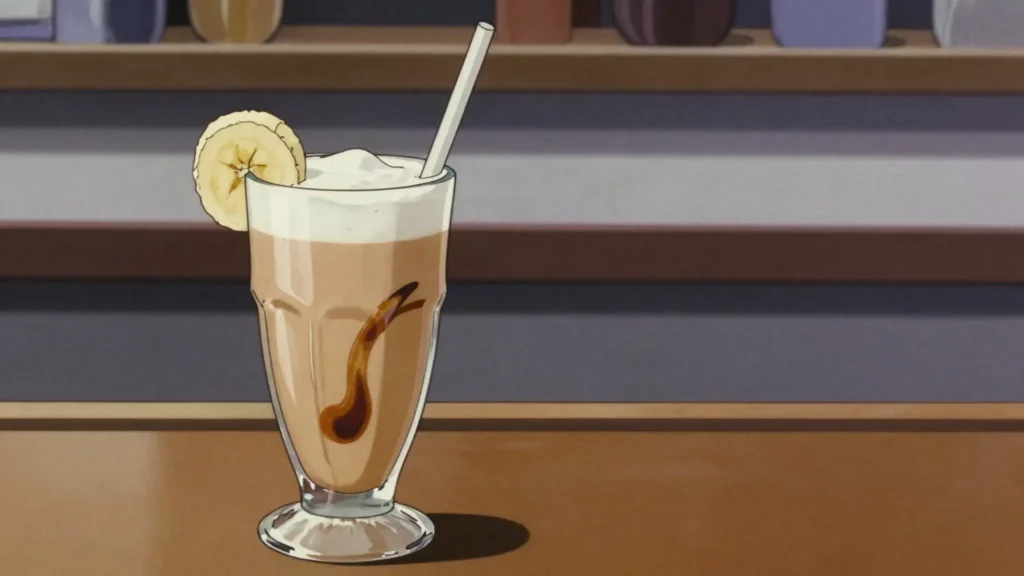 Dirty Banana, rum, coffee liqueur, banana and cream blended with ice into a milkshake, Jamaica cocktail, anime style