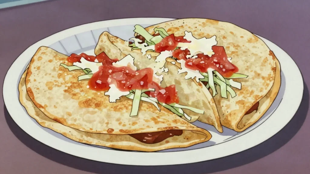 Dobladas, folded tortillas stuffed with meat or potato, fried and topped with salsa and, Guatemala street food, anime style