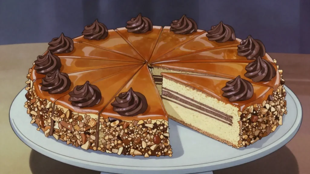 Dobos torte, sponge layers, chocolate buttercream, glassy caramel top, Hungary dessert, anime style
