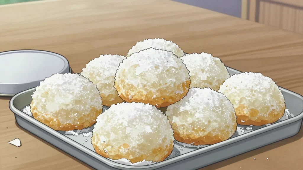 Doce de coco, grated coconut cooked down with sugar into sticky sweet mounds, São Tomé and Príncipe dessert, anime style