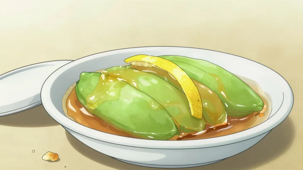 Doce de papaia, green papaya cooked slowly in sugar syrup until translucent and chewy, Cape Verde dessert, anime style