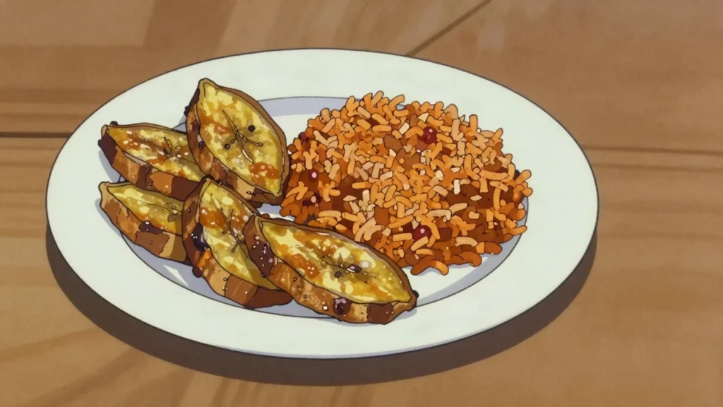 Dodo, fried sweet plantain slices alongside rice and stews, Nigeria salad & side, anime style